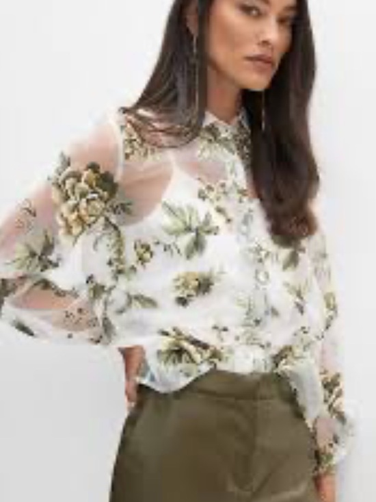 Zara Tops - Zara White Sheer Floral Button-Front Blouse